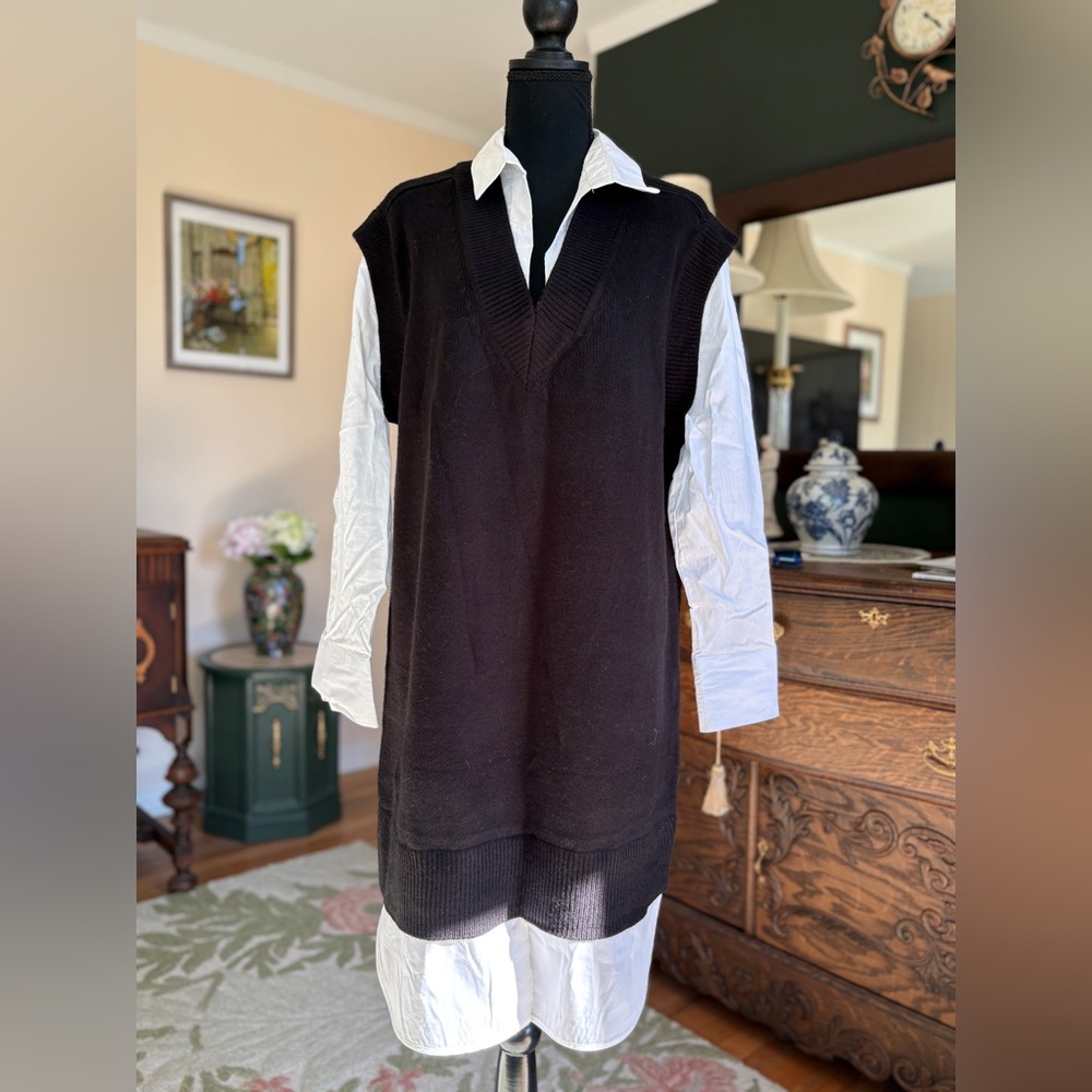 Calvin Klein Layered Sweater Tunic XL Black White Long Vest Shirt Preppy New